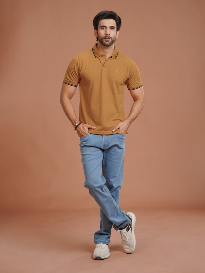 Mustard Plain Contrast Tipping Half Sleeves Polo T-Shirt (POLO-997)