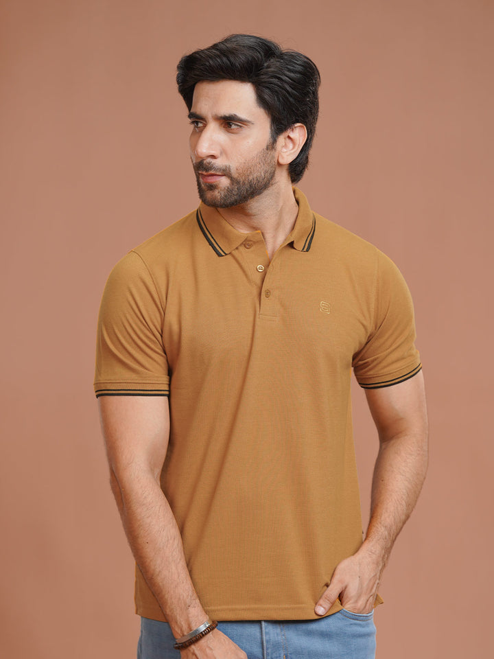 Mustard Plain Contrast Tipping Half Sleeves Polo T-Shirt (POLO-997)