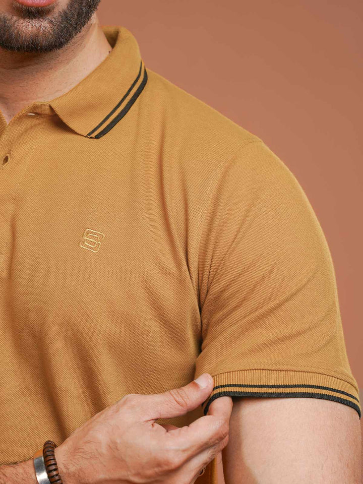 Mustard Plain Contrast Tipping Half Sleeves Polo T-Shirt (POLO-997)