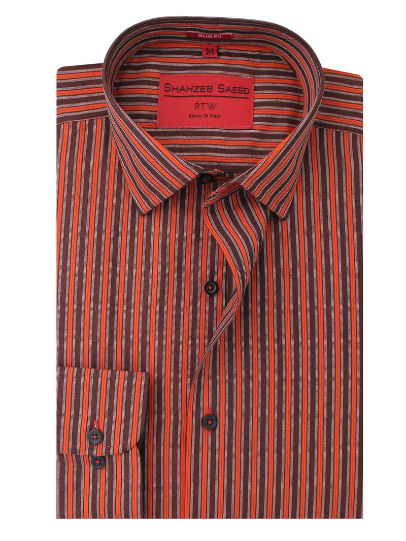 Brown & Orange Stripe, French Collar, Elite Edition, Men’s Formal Shirt  (RTW-1715)