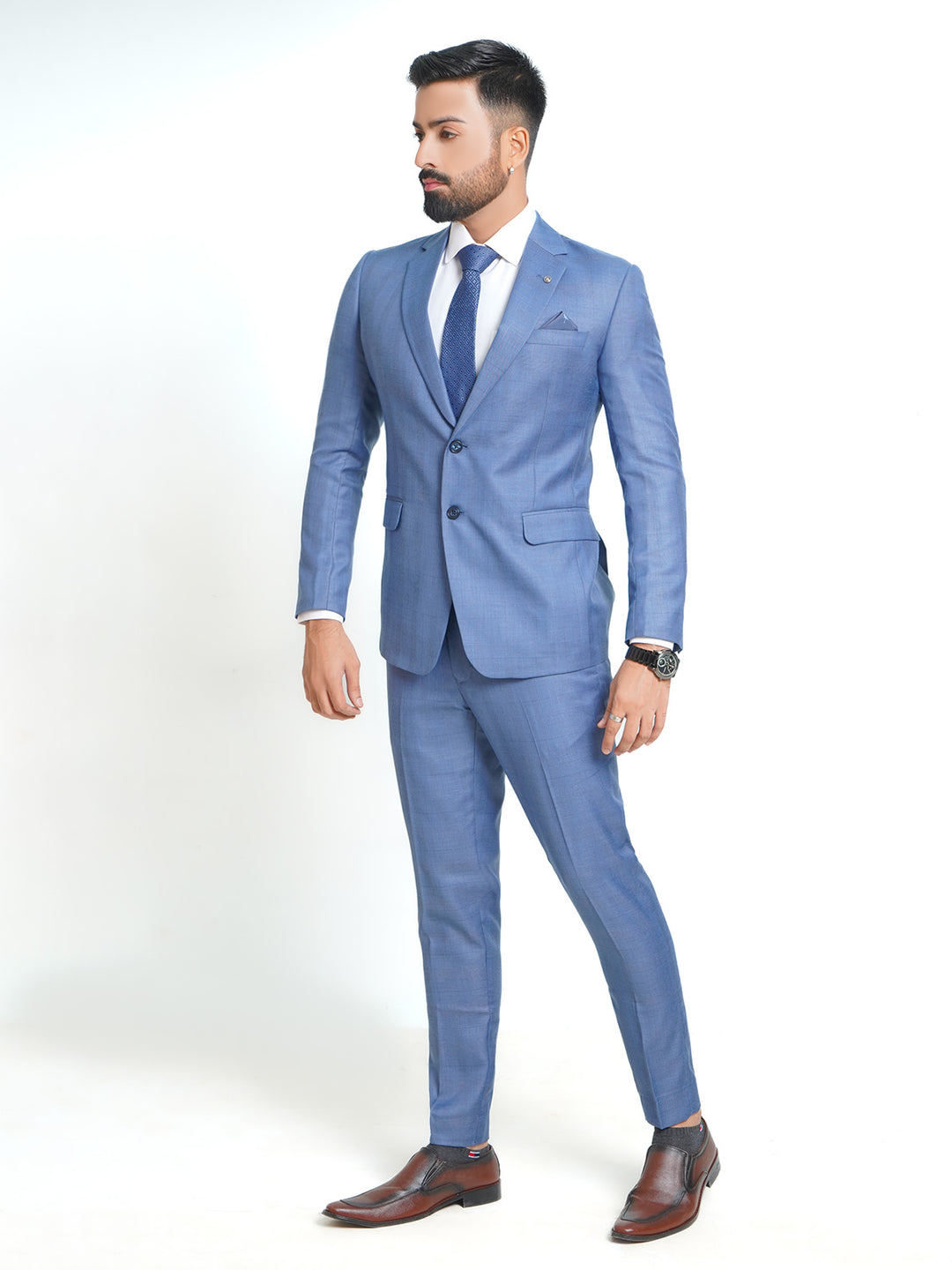 Light Blue Self Checkered Tailored Fit Two Piece Suit (SF-007)