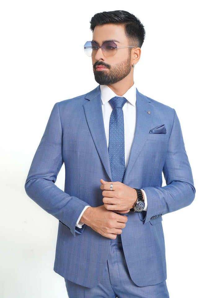 Light Blue Self Checkered Tailored Fit Two Piece Suit (SF-007)