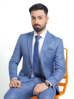 Light Blue Self Checkered Tailored Fit Two Piece Suit (SF-007)