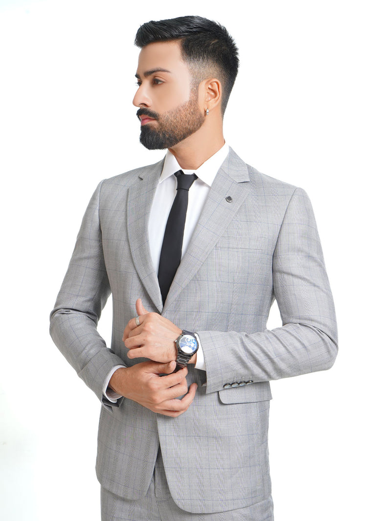 Light Grey Self Checkered Single-Breasted Tailored Fit Two Piece Suit (SF-008)