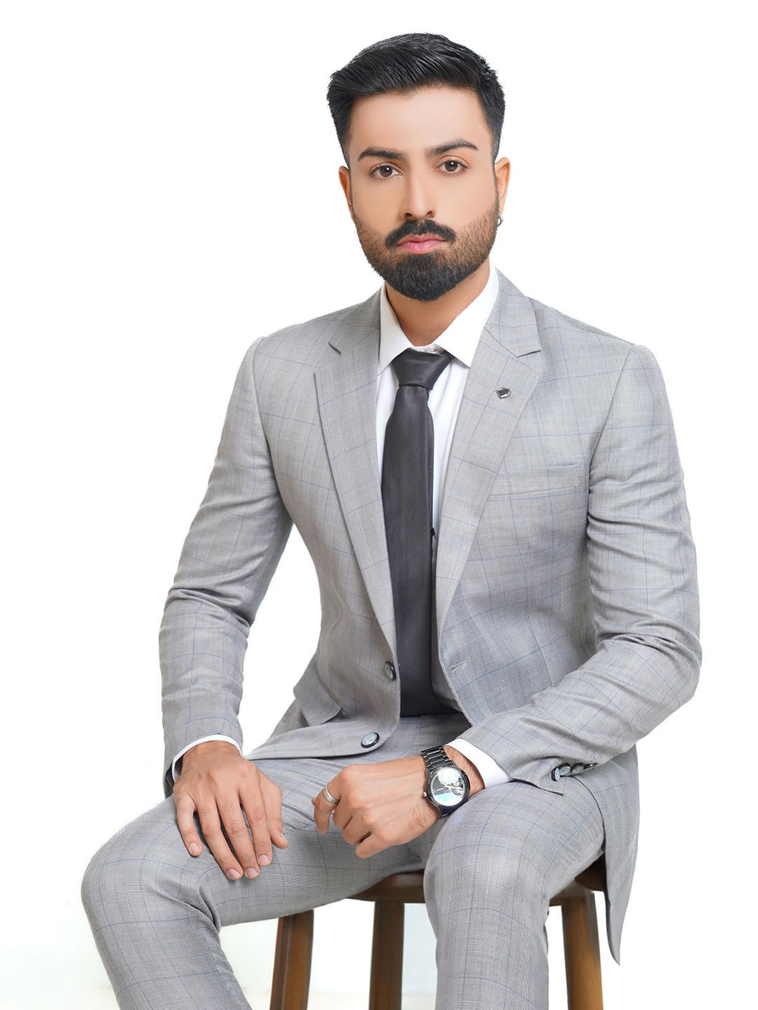 Light Grey Self Checkered Tailored Fit Two Piece Suit (SF-008)