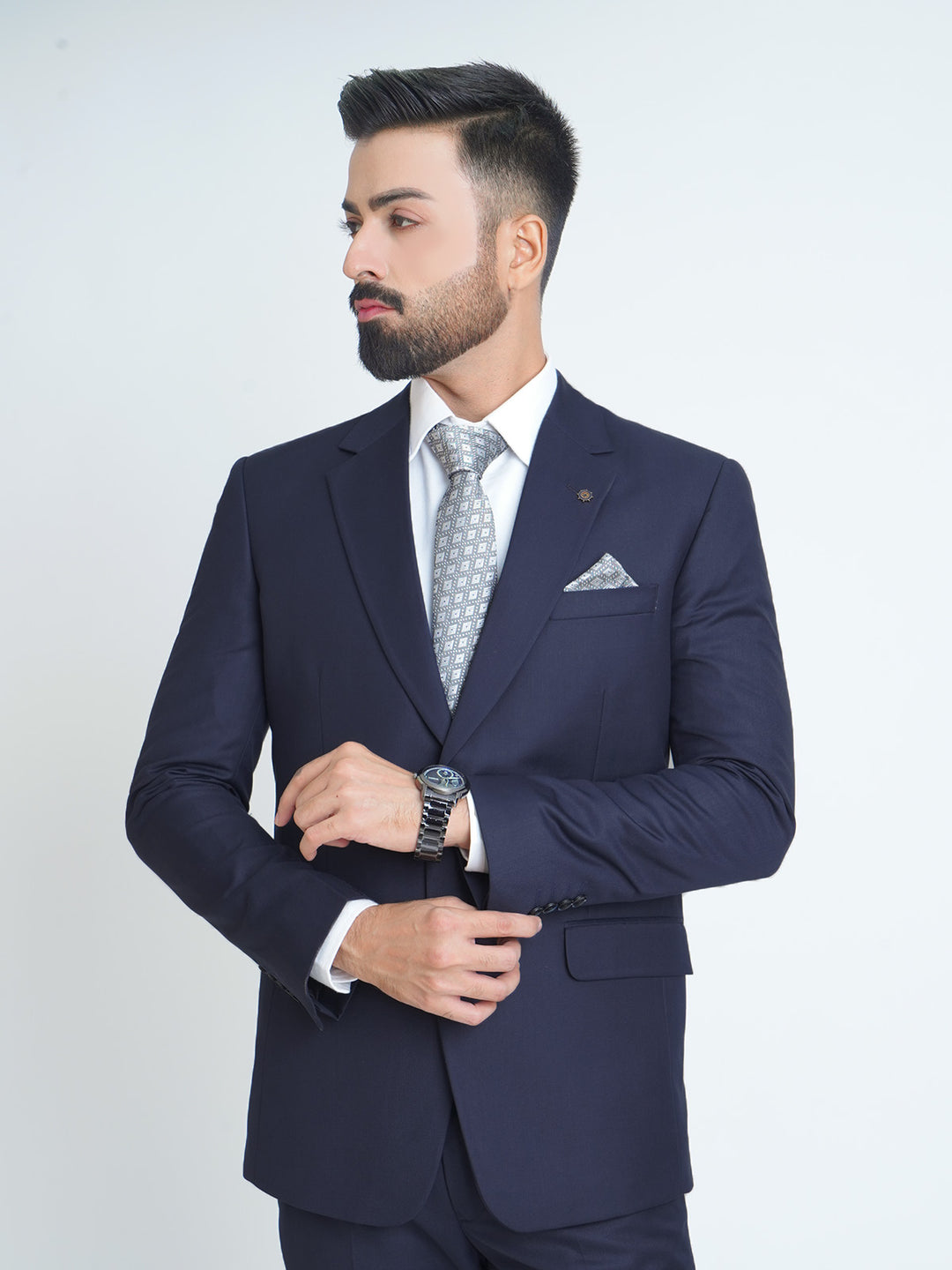 Dark Blue Plain Tailored Fit Two Piece Suit (SF-013)