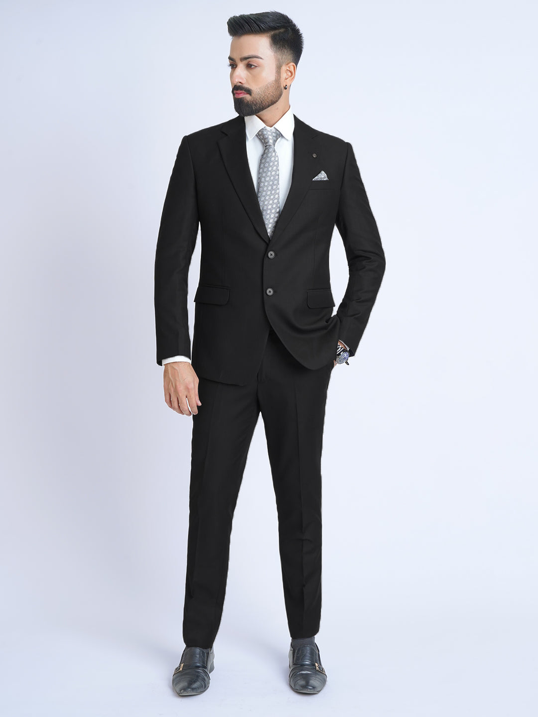 Black Plain Tailored Fit Two Piece Suit (SF-018)