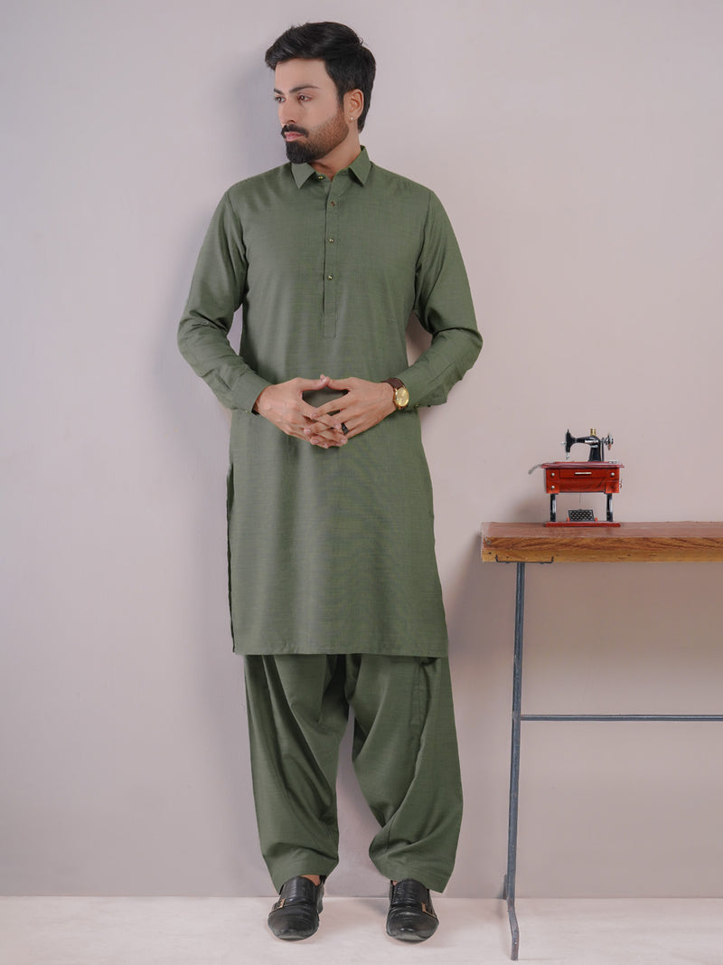 Olive Green Self Exclusive Range Designer Shalwar Kameez (SK-435)