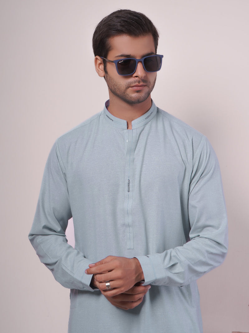 Ice Blue Self Exclusive Range Ban Collar Designer Shalwar Kameez (SK-442)