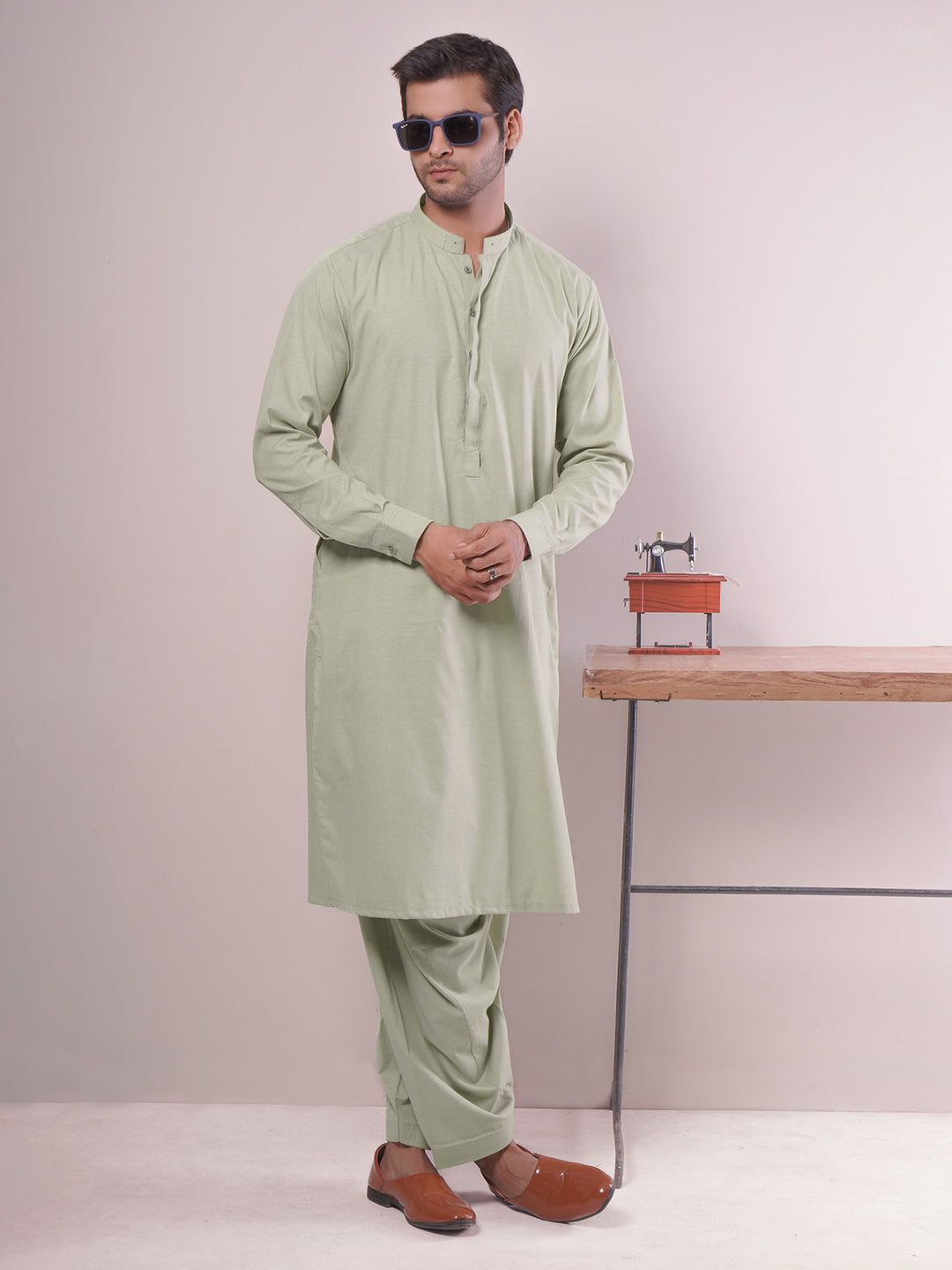 Light Green Self Exclusive Range Ban Collar Designer Shalwar Kameez (SK-443)