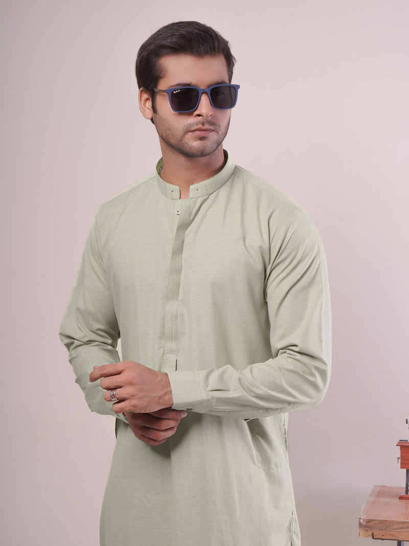 Light Green Self Exclusive Range Ban Collar Designer Shalwar Kameez (SK-443)