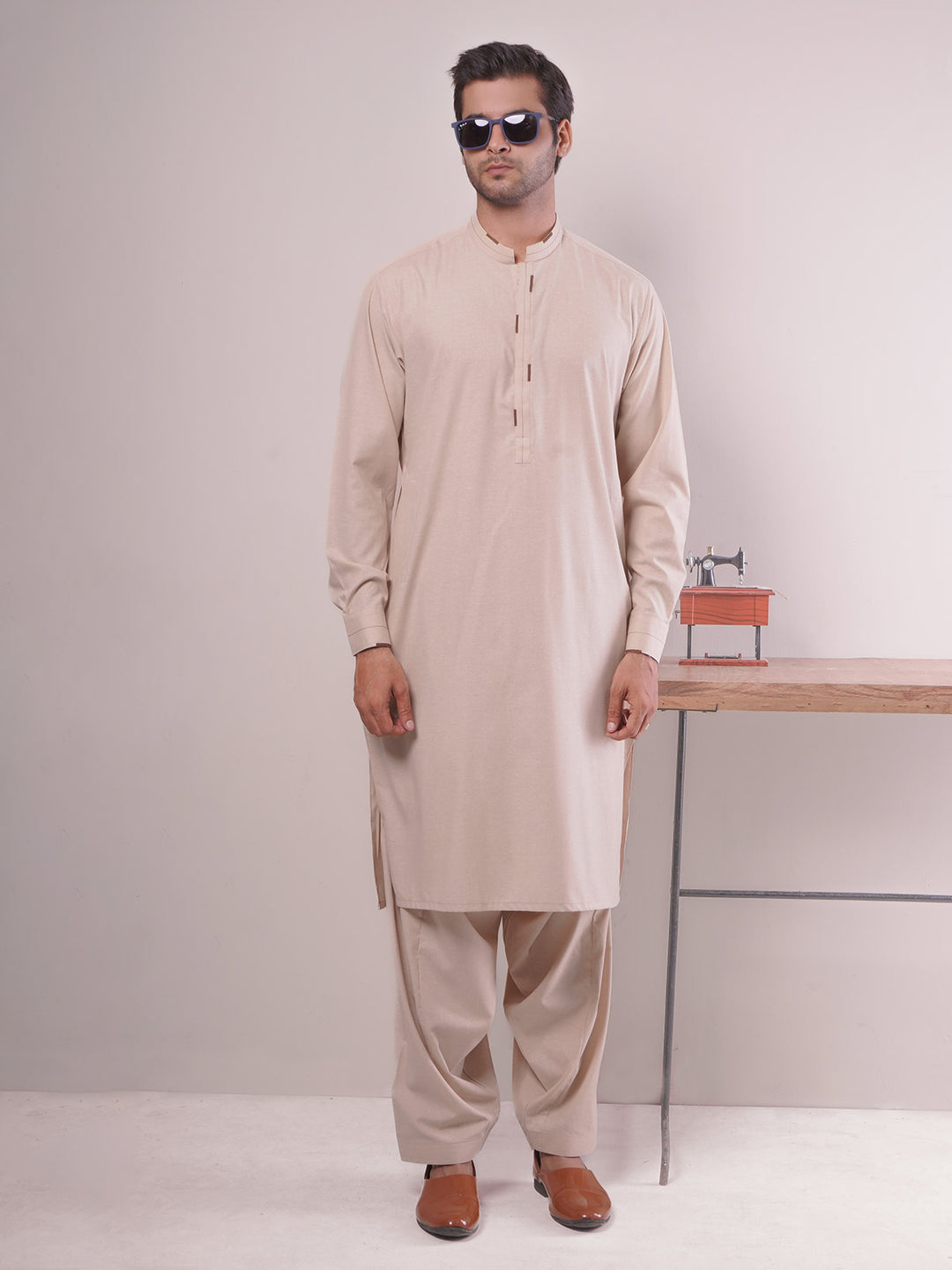 Fawn Self Exclusive Range Ban Collar Designer Shalwar Kameez (SK-445)