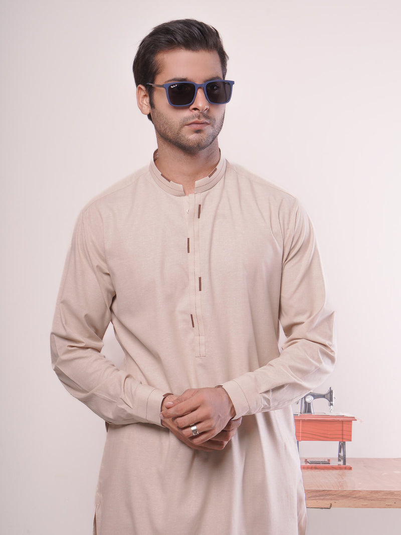 Fawn Self Exclusive Range Ban Collar Designer Shalwar Kameez (SK-445)