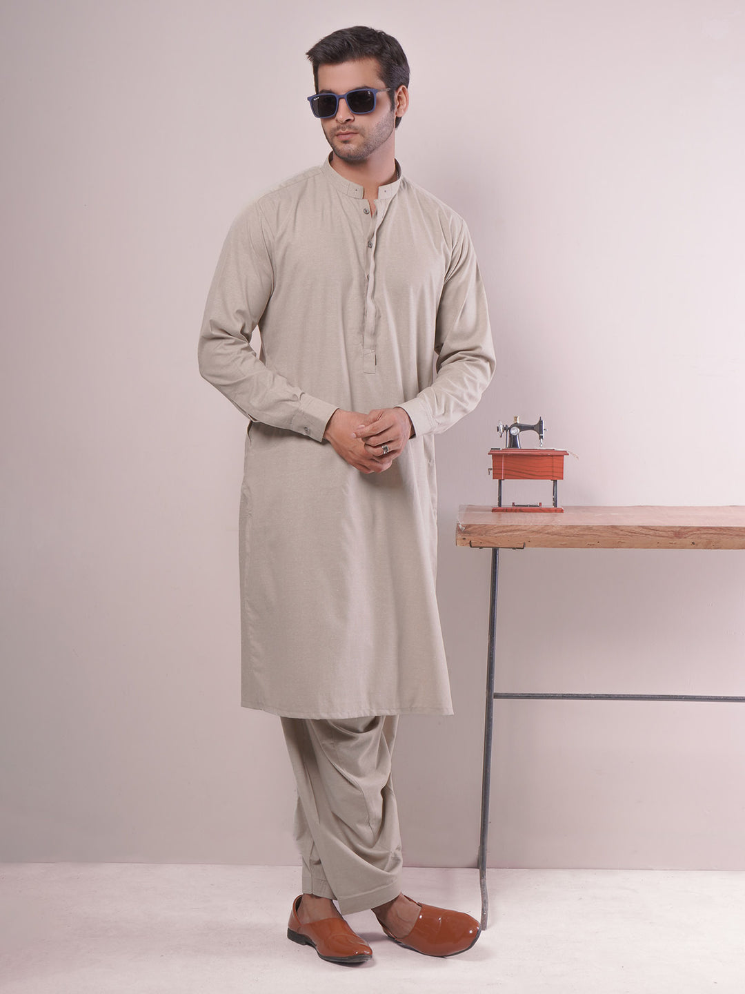 Beige Self Exclusive Range Ban Collar Designer Shalwar Kameez (SK-446)