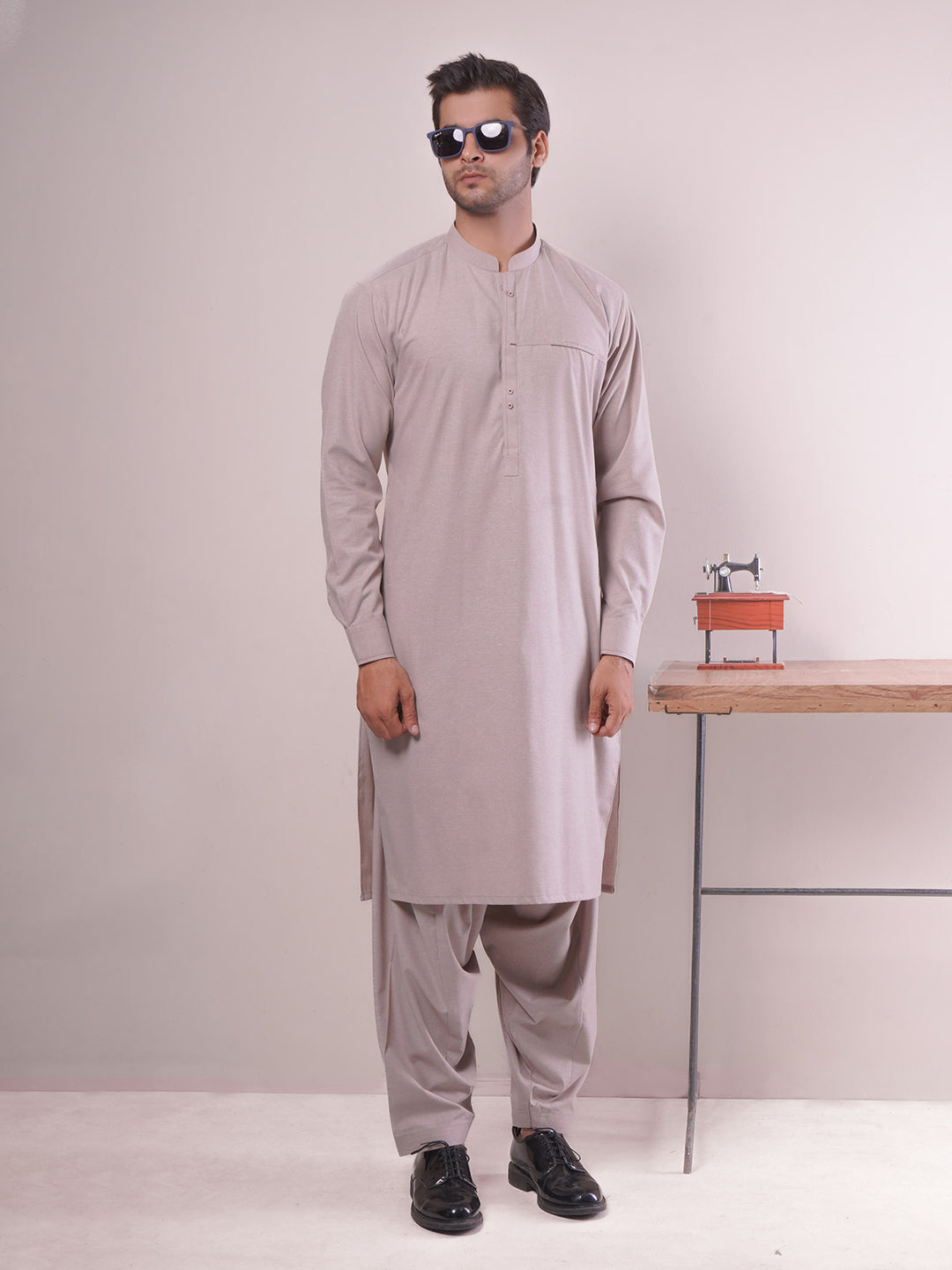 Light Brown Self Exclusive Range Ban Collar Designer Shalwar Kameez (SK-447)