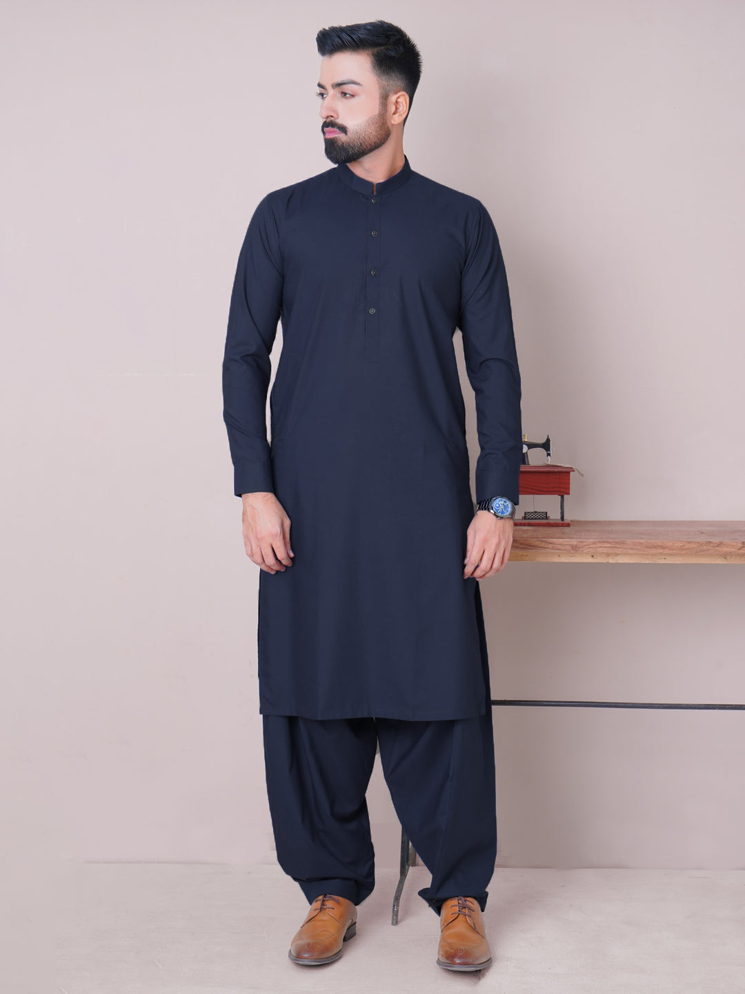 Navy Blue Plain Exclusive Range Ban Collar Shalwar Kameez (SK-449)