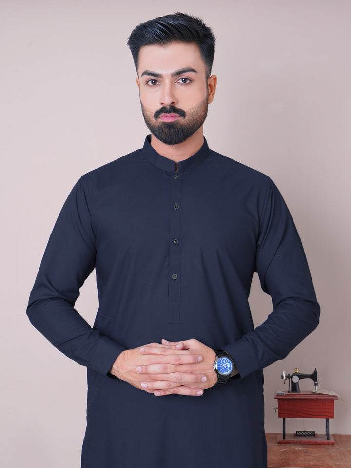 Navy Blue Plain Exclusive Range Ban Collar Shalwar Kameez (SK-449)