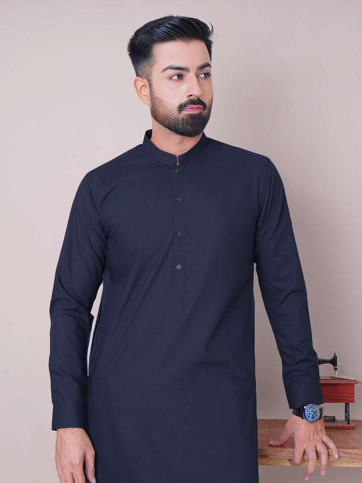 Navy Blue Plain Exclusive Range Ban Collar Shalwar Kameez (SK-449)