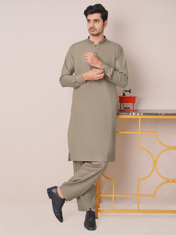 Peanut Brown Self Exclusive Range Ban Collar Embroidered Kurta Shalwar (SK-451)