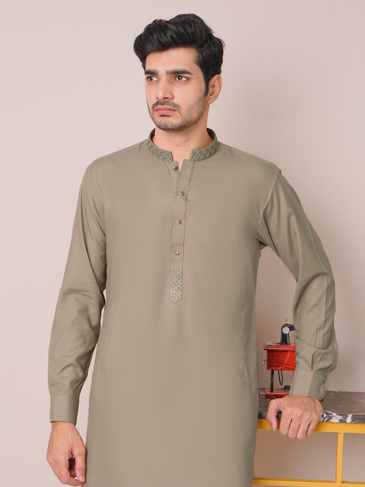 Peanut Brown Self Exclusive Range Ban Collar Embroidered Kurta Shalwar (SK-451)