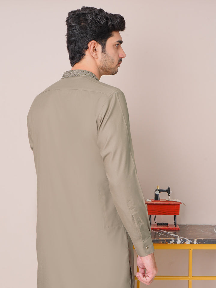 Peanut Brown Self Exclusive Range Ban Collar Embroidered Kurta Shalwar (SK-451)