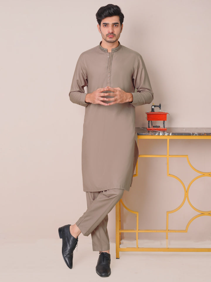 Walnut Brown Self Exclusive Range Ban Collar Embroidered Kurta Pajama (SK-453)