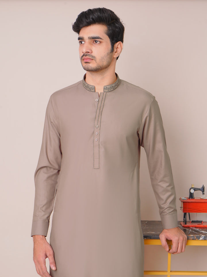 Walnut Brown Self Exclusive Range Ban Collar Embroidered Kurta Pajama (SK-453)