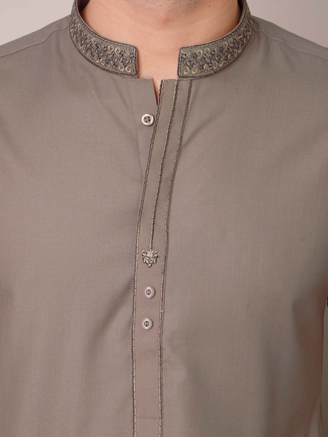 Walnut Brown Self Exclusive Range Ban Collar Embroidered Kurta Pajama (SK-453)