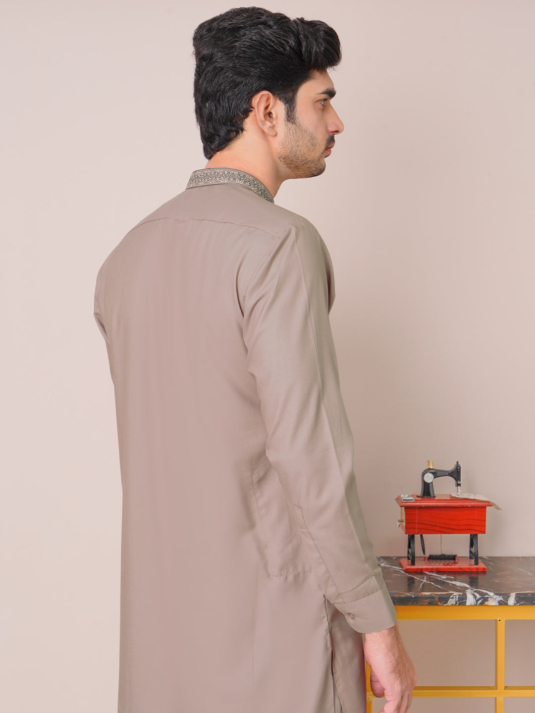 Walnut Brown Self Exclusive Range Ban Collar Embroidered Kurta Pajama (SK-453)