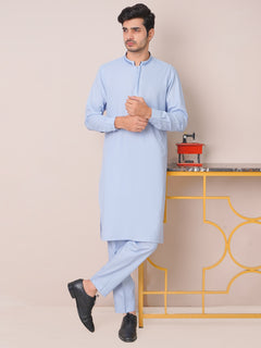 Light Blue Self Exclusive Range Ban Collar Embroidered Kurta Pajama (SK-454)