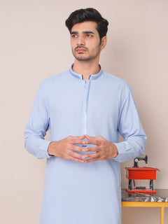 Light Blue Self Exclusive Range Ban Collar Embroidered Kurta Pajama (SK-454)