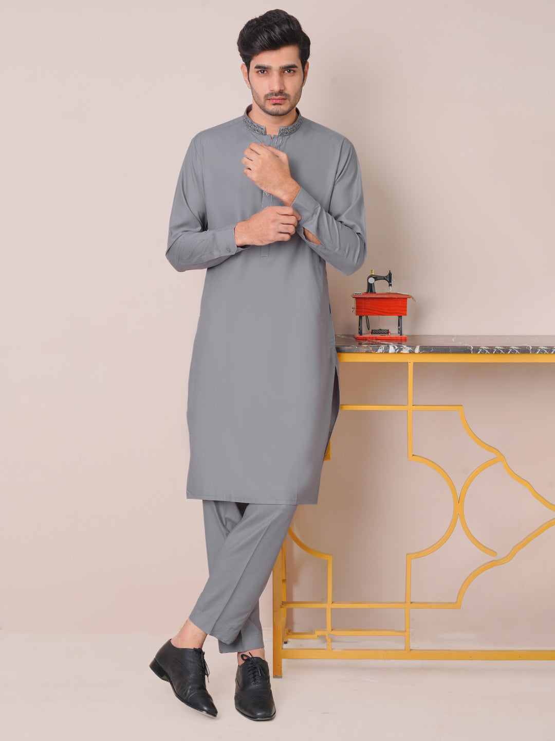 Grey Self Exclusive Range Ban Collar Embroidered Kurta Pajama (SK-457)