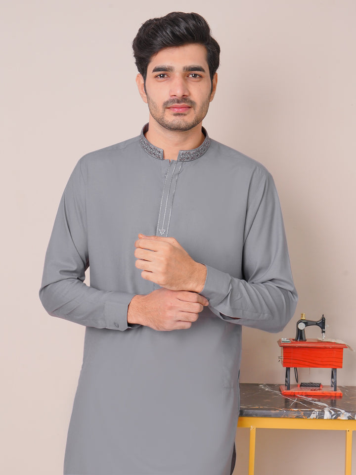 Grey Self Exclusive Range Ban Collar Embroidered Kurta Pajama (SK-457)