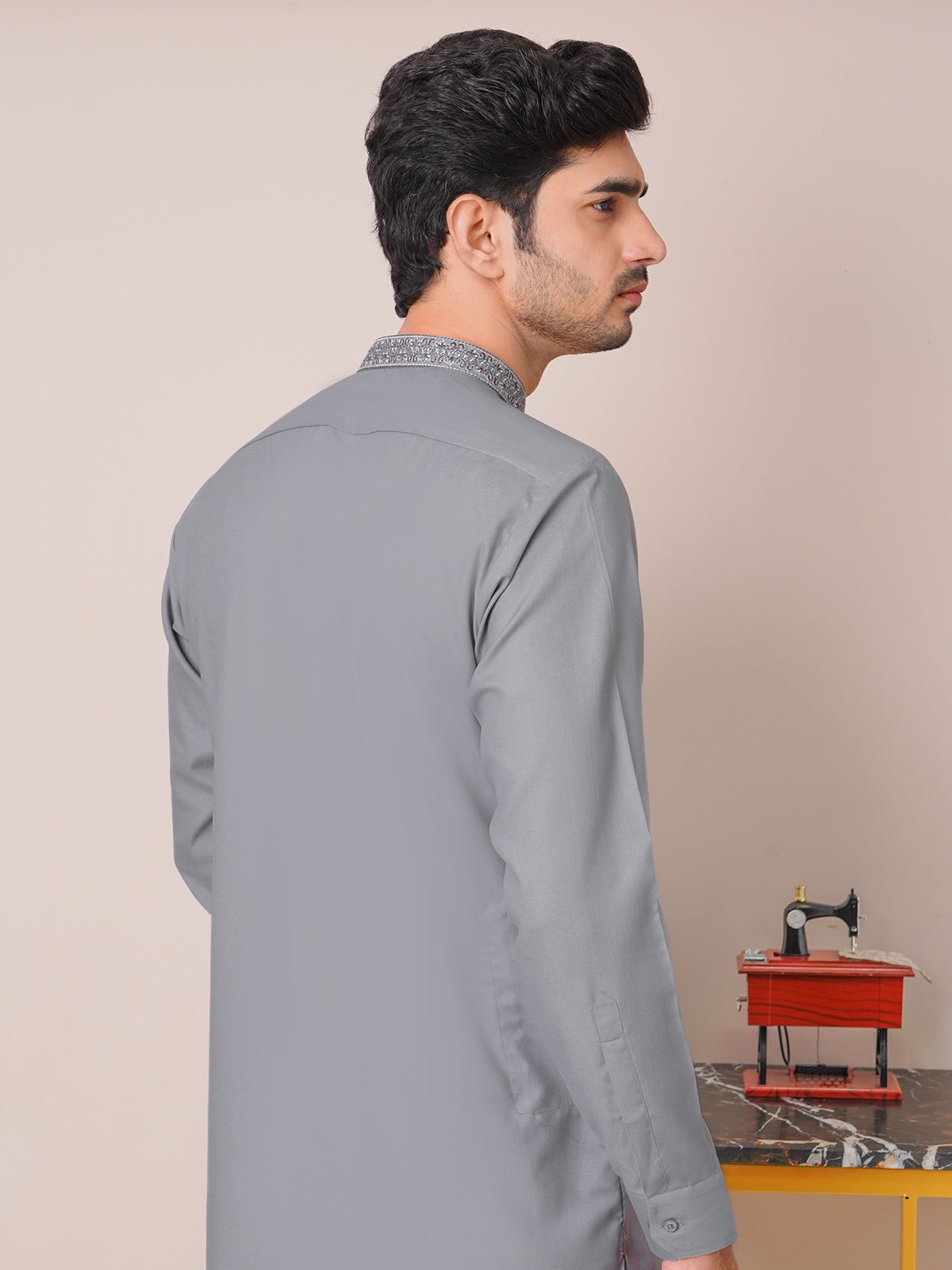 Grey Self Exclusive Range Ban Collar Embroidered Kurta Pajama (SK-457)