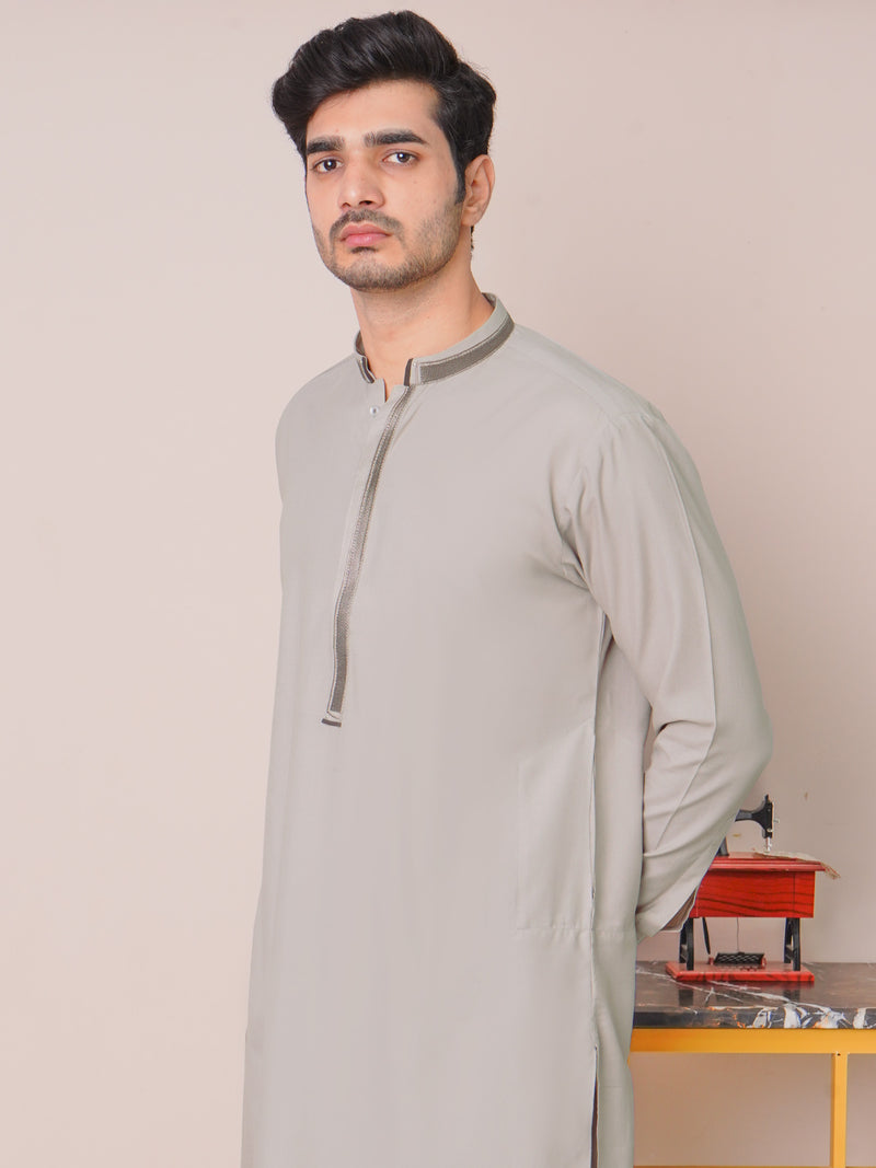 Fawn Self Exclusive Range Ban Collar Embroidered Kurta Pajama (SK-458)