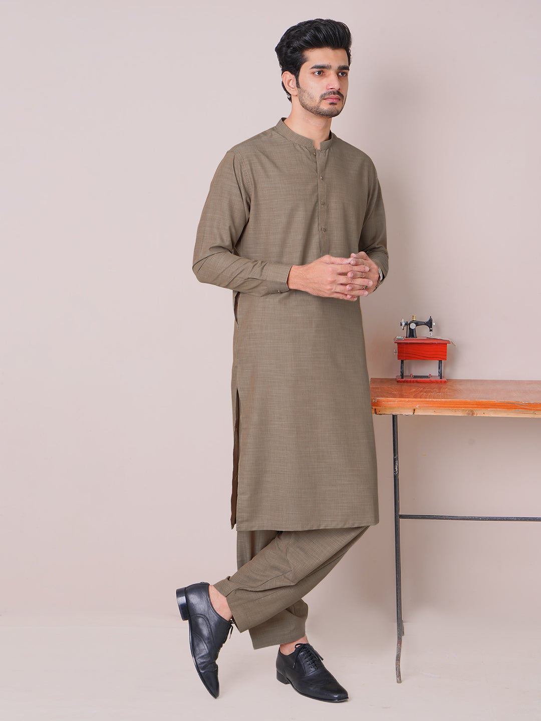 Beige Self Exclusive Range Ban Collar Designer Shalwar Kameez (SK-460)