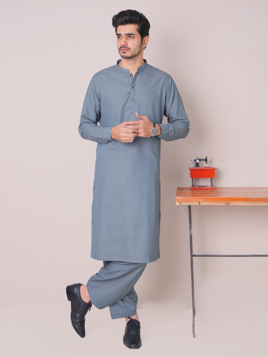 Blue Self Exclusive Range Ban Collar Designer Shalwar Kameez (SK-461)