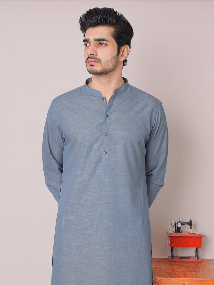 Blue Self Exclusive Range Ban Collar Designer Shalwar Kameez (SK-461)