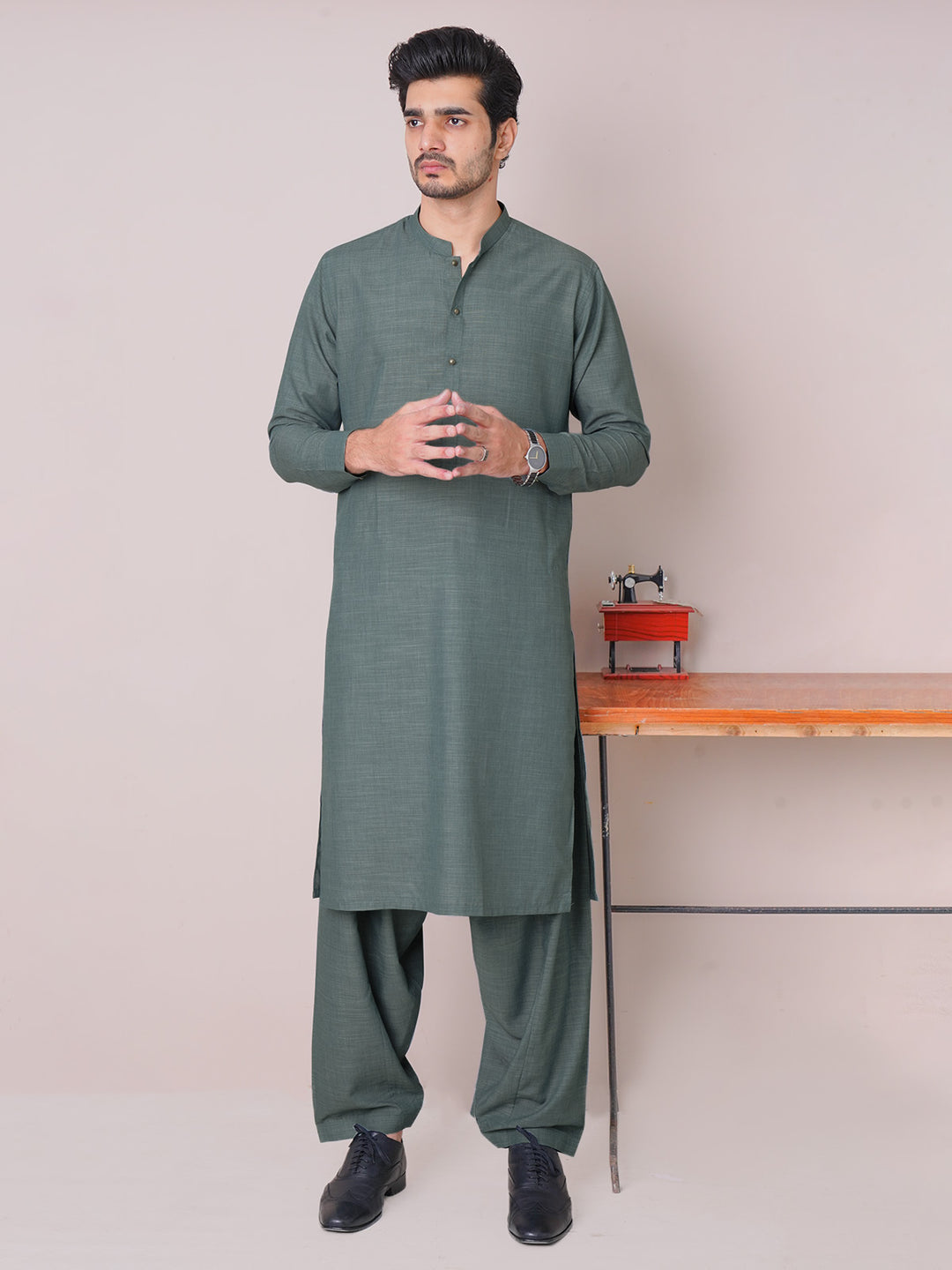 Dark Green Self Exclusive Range Ban Collar Designer Shalwar Kameez (SK-463)