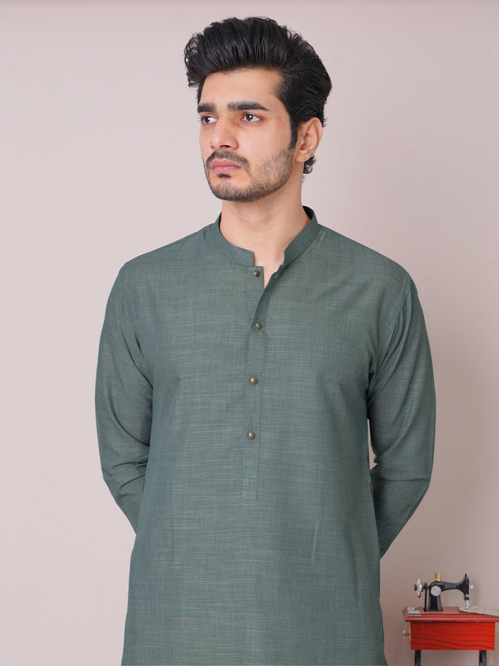 Dark Green Self Exclusive Range Ban Collar Designer Shalwar Kameez (SK-463)