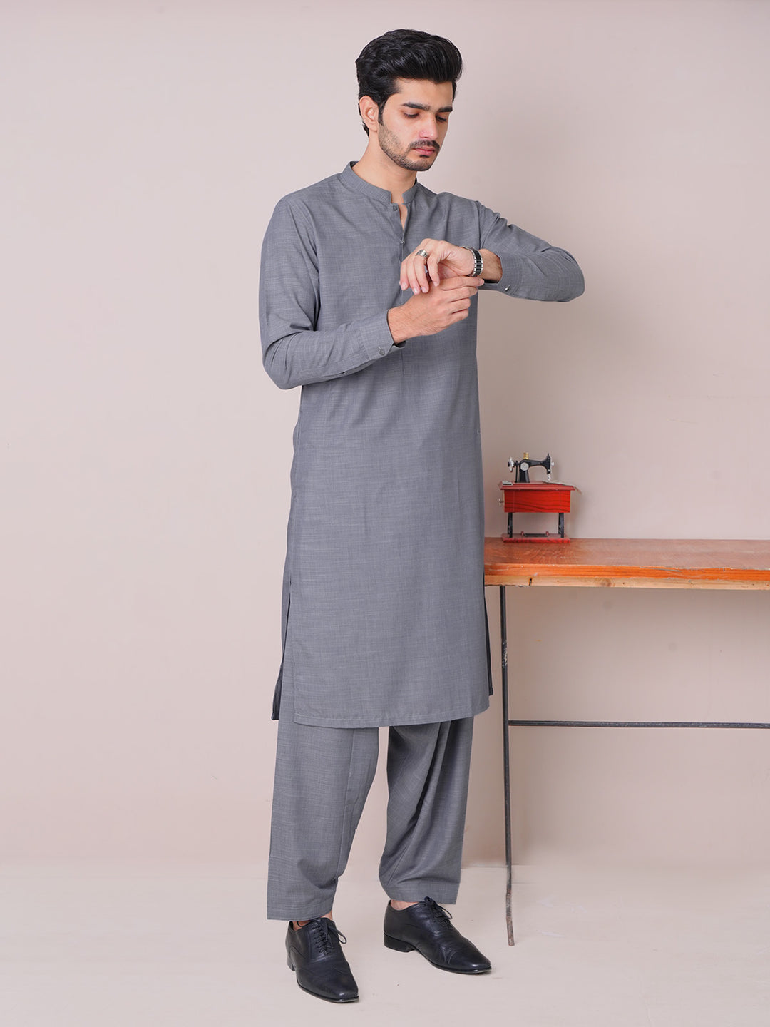 Grey Self Exclusive Range Ban Collar Designer Shalwar Kameez (SK-464)