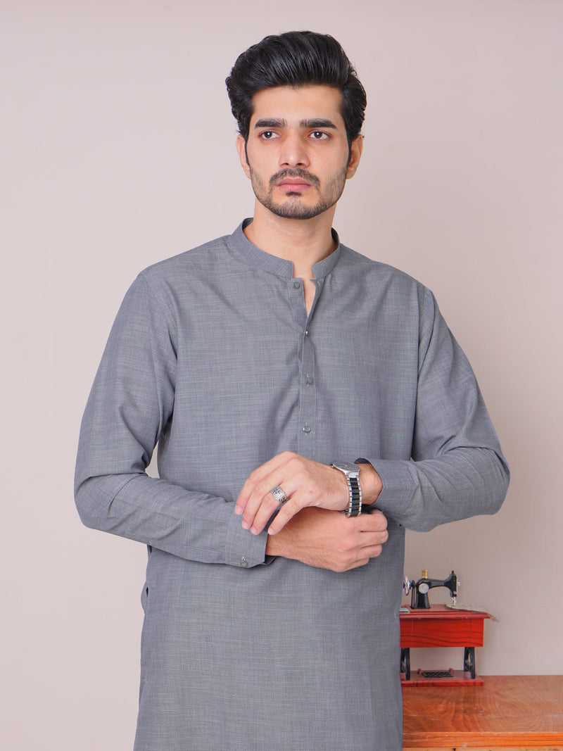 Grey Self Exclusive Range Ban Collar Designer Shalwar Kameez (SK-464)