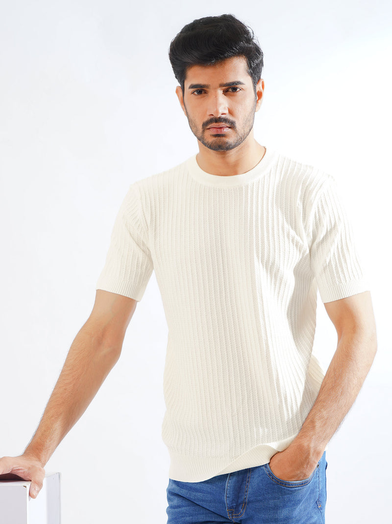 White Half Sleeves Men’s Premium Knitted Crew Neck T-Shirt (SKCN-01)