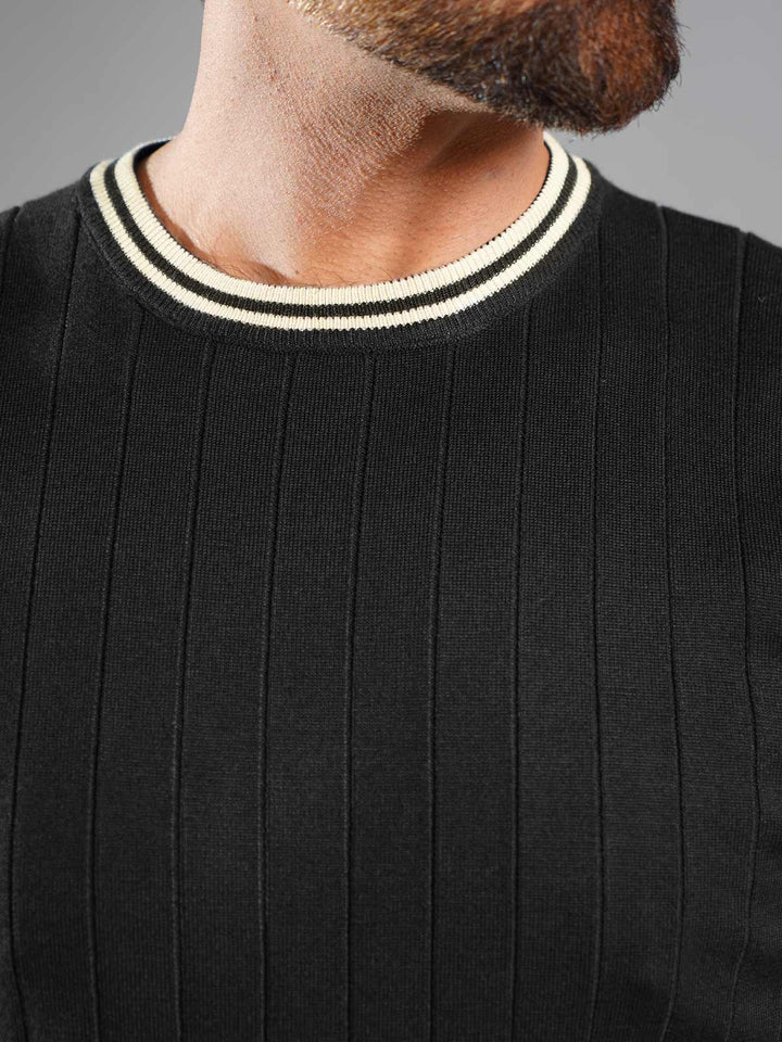 Black Sweater Knitted Crew Neck T-Shirt (SKCN-015)