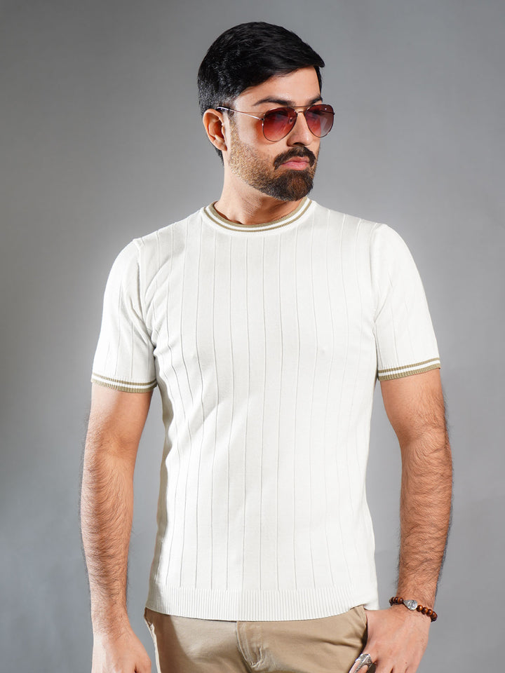 White Sweater Knitted Crew Neck T-Shirt (SKCN-017)