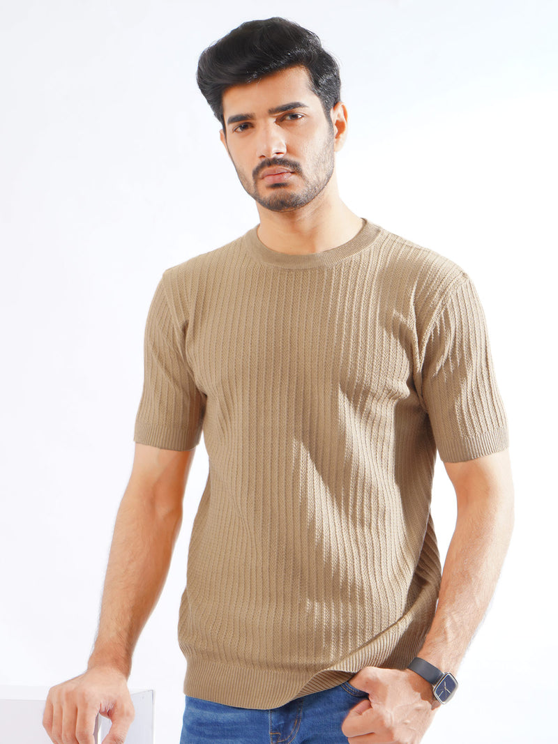 Light Brown Half Sleeves Men’s Premium Knitted Crew Neck T-Shirt (SKCN-02)