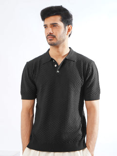 Black Half Sleeves Designer Sweater Knitted Polo T-Shirt (SKCN-03)