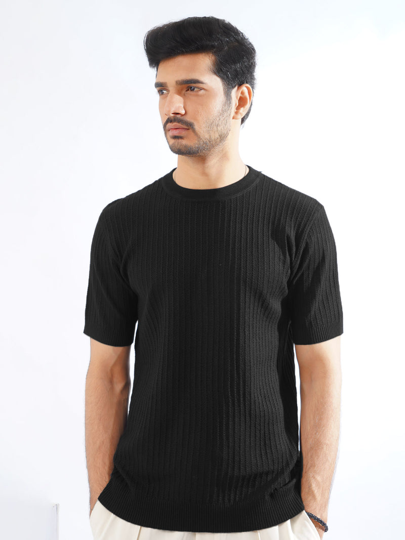 Black Half Sleeves Men’s Premium Knitted Crew Neck T-Shirt (SKCN-03)