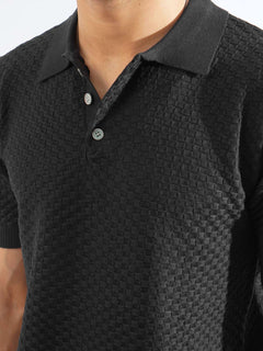 Black Half Sleeves Designer Sweater Knitted Polo T-Shirt (SKCN-03)