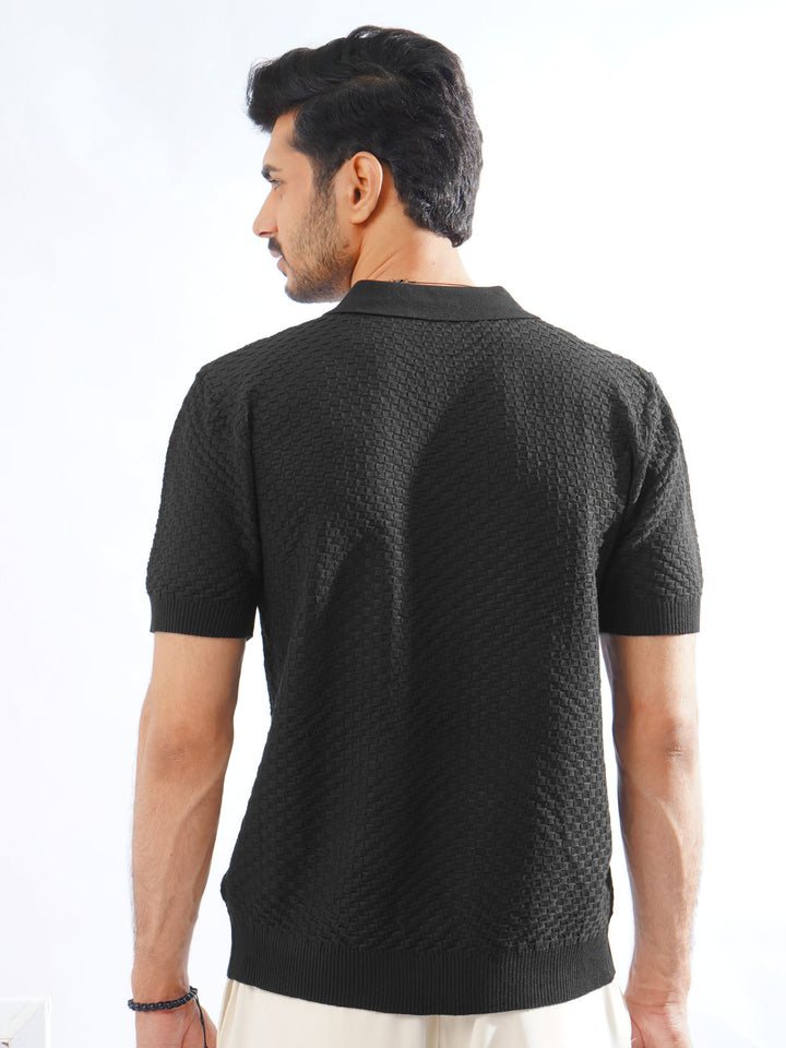 Black Half Sleeves Designer Sweater Knitted Polo T-Shirt (SKCN-03)